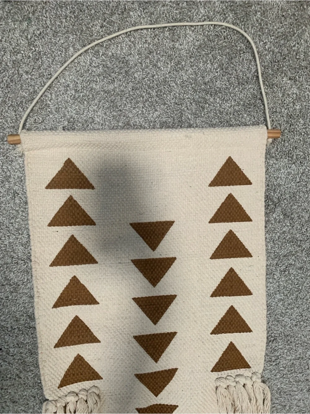 Boho Neutral Cream Macramé Wall Hanging with Brown Triangle Pattern